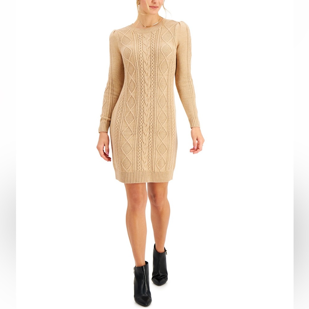 NWOT Charter Club Soft Knit Cable Sweater Dress in Tan Large